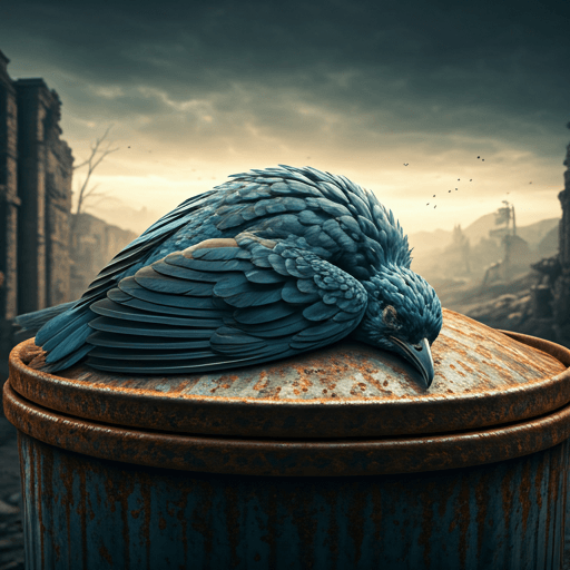 dead blue bird on a garbage can