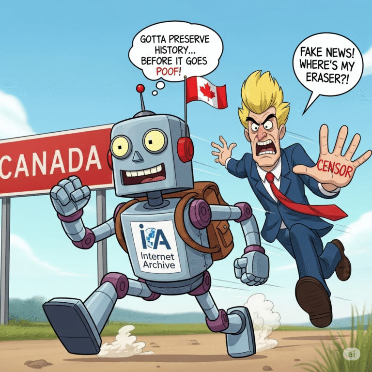 A cartoon meme showing a robot representing the Internet Archive, with a Canadian flag on its backpack, running towards a large "CANADA" sign. Behind the robot, a menacing figure with yellow combover hair, a blue suit, and a red tie is chasing it, reaching out a hand with "CENSOR" written on it. The robot's thought bubble says "Gotta preserve history... before it goes poof!" The pursuer's speech bubble says "FAKE NEWS! WHERE'S MY ERASER?!"