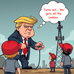 Public Media Cuts: A Devastating Blow to Vulnerable Communities – Including Trump Voters trump cutting a radio tower cable while thinking "Me gets all the cookies